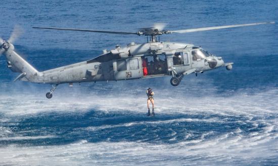 An MH-60S Seahawk from Helicopter Sea Combat Squadron 8, part of the Theodore Roosevelt Carrier Strike Group, during a search-and-rescue exercise off San Diego, California. Navy distributed maritime operations will require more long-range rotary-wing rescue missions.