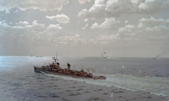 Oil painting by Cmdr. E.J. Fitzgerald depicts the engagement between Maddox and three North Vietnamese motor torpedo boats on 2 August 1964
