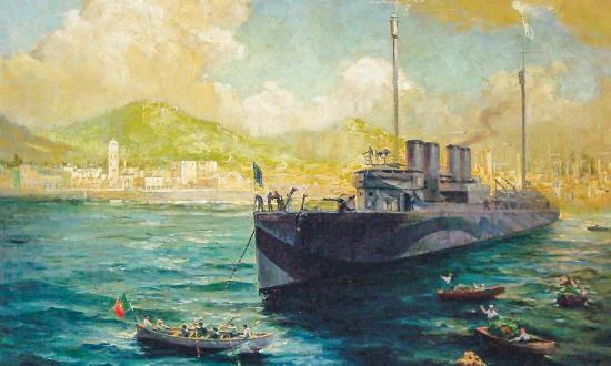 Depiction of Ponta Delgada Harbor commissioned by Franklin D. Roosevelt and painted by Charles Edwin Ruttan.