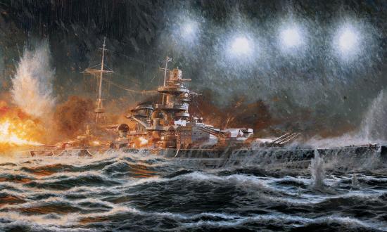 During the 26 December 1943 Battle of North Cape, the Scharnhorst, guns blazing, attempts to outrun Royal Navy pursuers, as depicted by artist Sub Lieutenant Joseph Reindler, Royal Navy. 