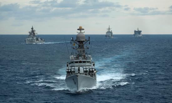 The Indian Navy guided- missile corvette Kulish leads ships of the U.S.  and Indian navies during exercise Malabar. The Indian-led exercise is not an official “Quad” event. 