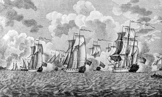 An engraving depicting the Battle of Valcour Island, or the Battle of Valcour Bay, which took place on 11 October 1776.