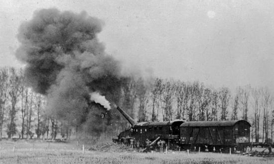 U. S. naval railway battery firing from Thierville into Longuyon.