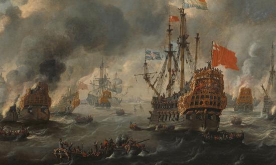 The burning of the British fleet at Chatham, 20 June 1667. The Dutch victory in the Raid on the Medway, led by de Ruyter, is considered one  of the “most brilliant strokes with the most immediate and obvious effects” in naval history. During the battle, the Dutch captured the Royal Charles (center) and forced many other ships to run aground to save themselves from destruction.