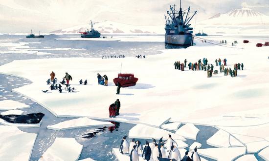New Year’s Day 1956 found the ships of Operation Deep Freeze moored to the ice edge at the outer entrance of McMurdo Sound. Fine weather prevailed, affording pleasant hours for leisure groups out on the ice.