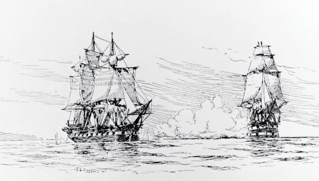 British fourth-rate Leopard (right) fires on the U.S. frigate Chesapeake
