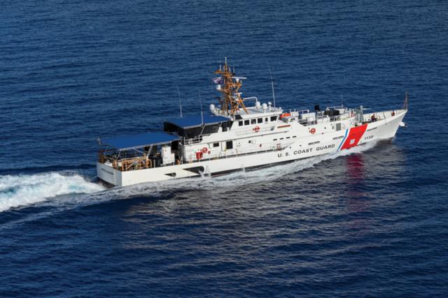 The new fast response cutter USCGC Myrtle Hazard (WPC-1139) arriving in Guam, where she will be homeported.