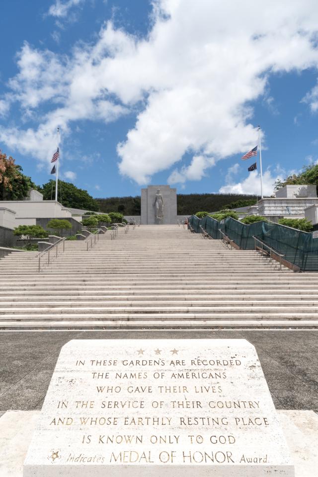 View looking up the steps of a war memorial