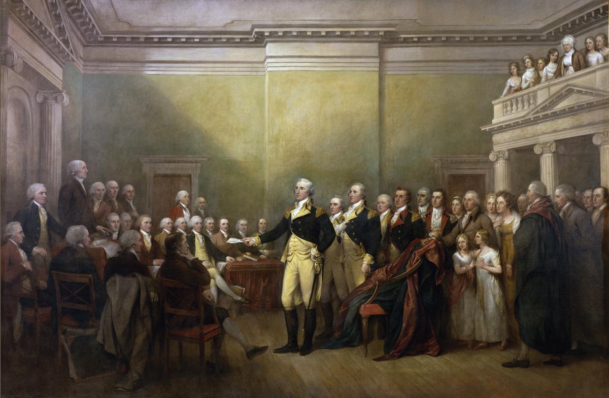 General George Washington, shown resigning his commission