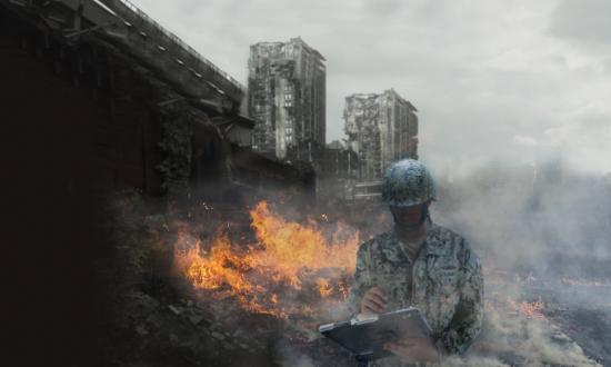 Composite of Navy officer in battle gear standing in front of a bombed-out city