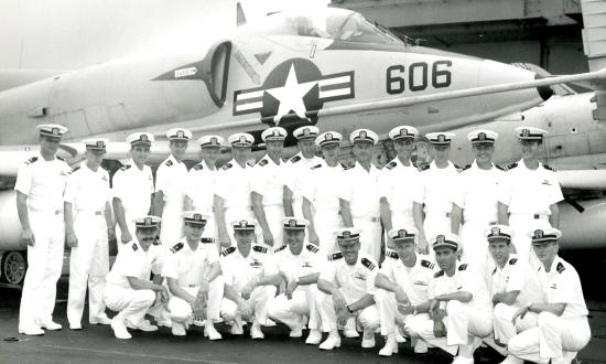 Then-Commander Bob Dunn (standing, sixth from left), August 1966, on board the USS Ranger (CVA-61).
