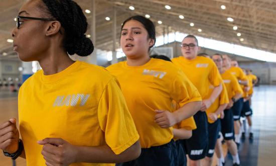 Recruits train during their first weeks of boot camp at U.S. Navy Recruit Training Command in Great Lakes, IL. A specialized set of physical fitness requirements tailored to specific jobs would increase the Navy’s ability to meet its recruiting goals.