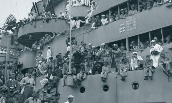 Front row seat to history: Sailors crowd the decks of the USS Missouri in Tokyo Bay to witness the formal Japanese surrender proceedings on 2 September 1945.